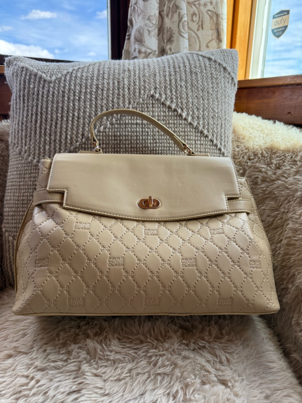 Roberto Cavalli Beige Quilted Top-Handle Satchel